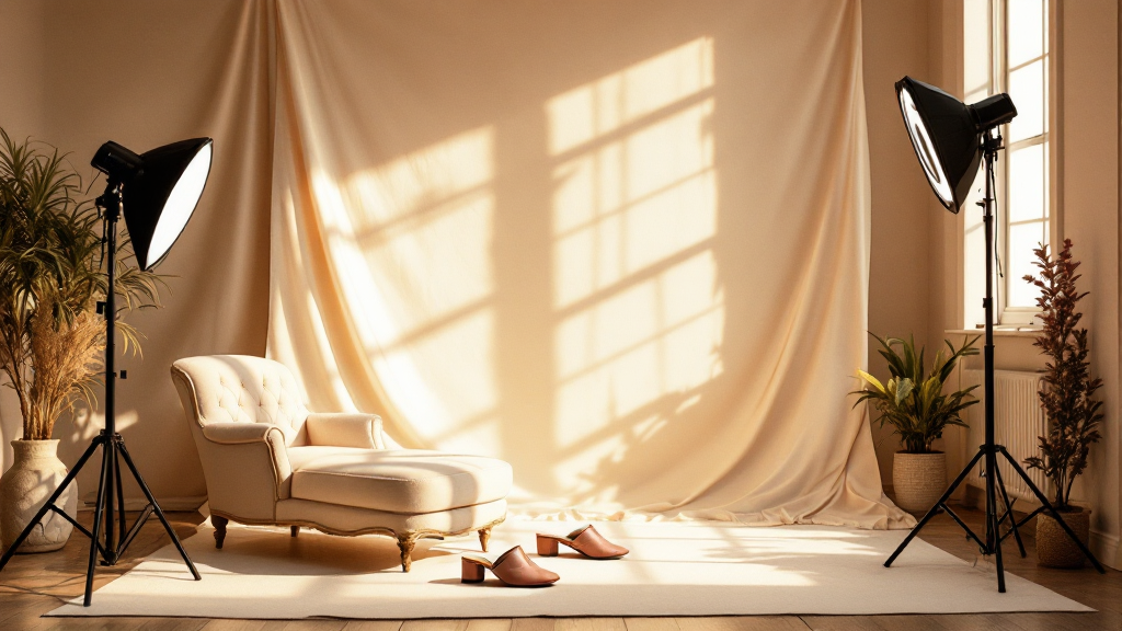 Empty studio with cream backdrop and ring light
