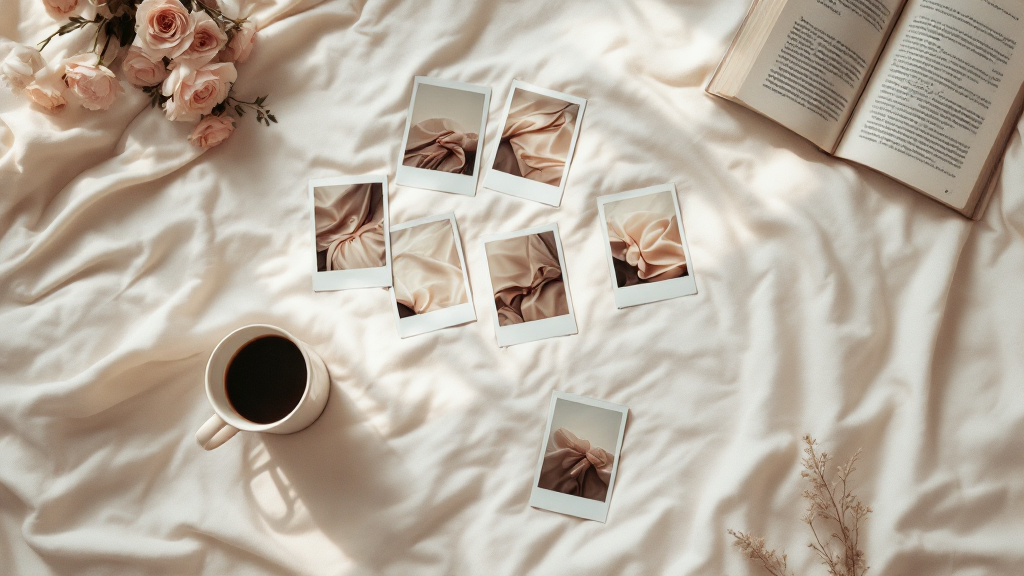 Polaroid test shots scattered on a bed
