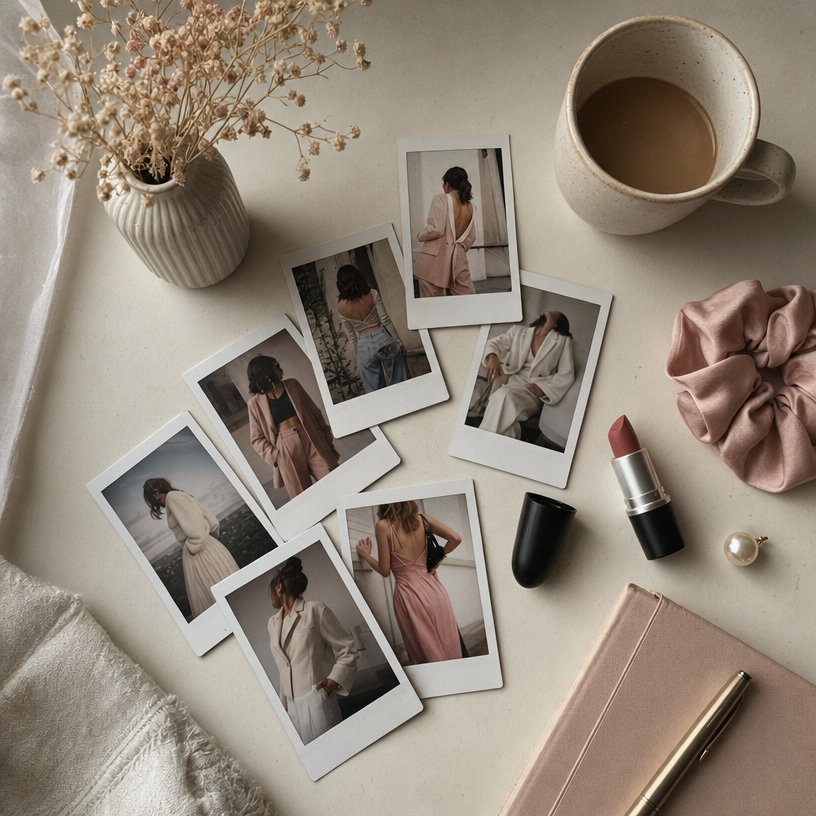 Vanity flatlay with polaroids and lipstick