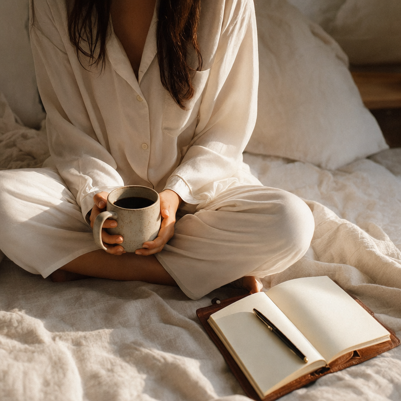 Slow morning in white silk pajamas with coffee