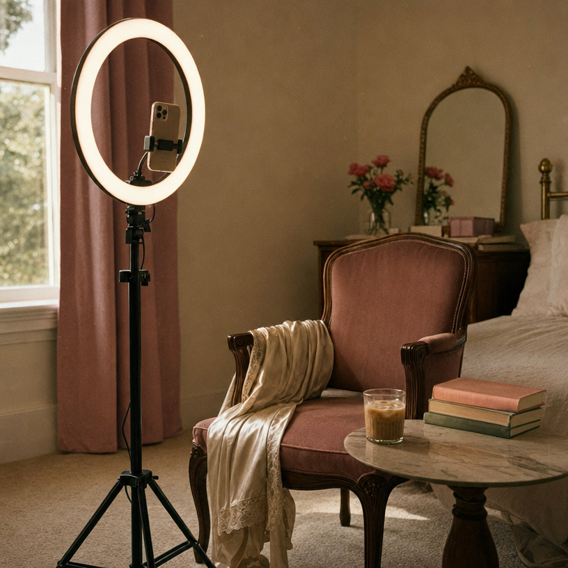 Ring light and iPhone setup in her bedroom