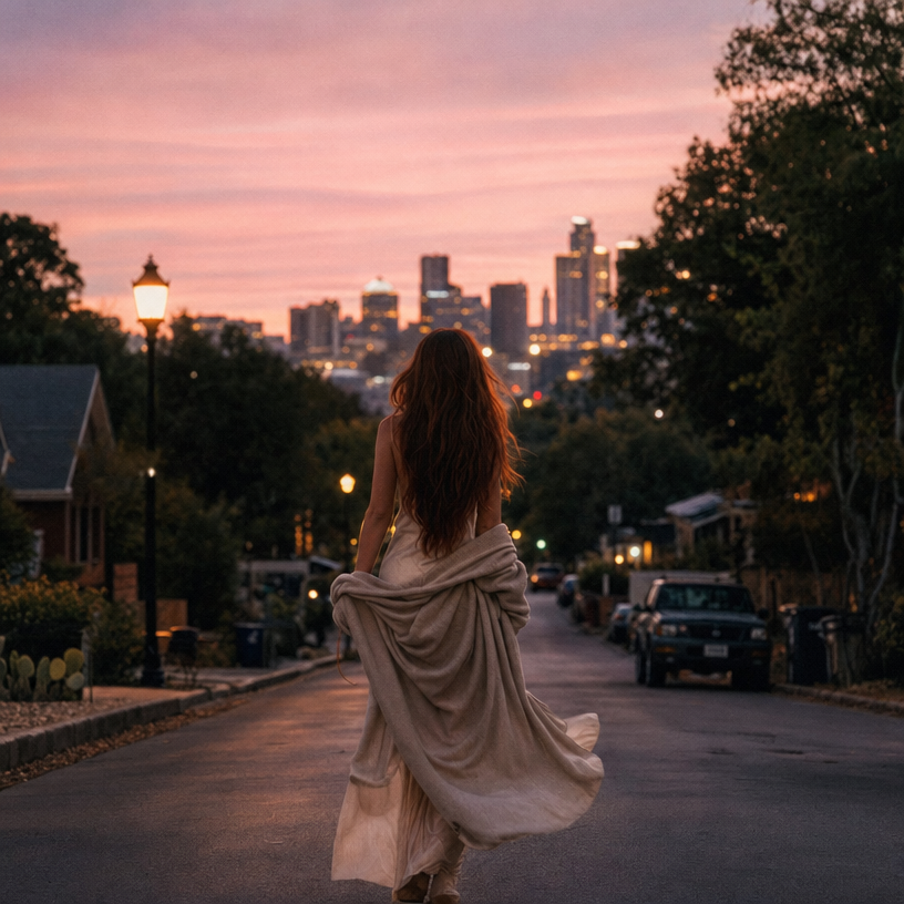 Walking away at sunrise on a quiet Austin street