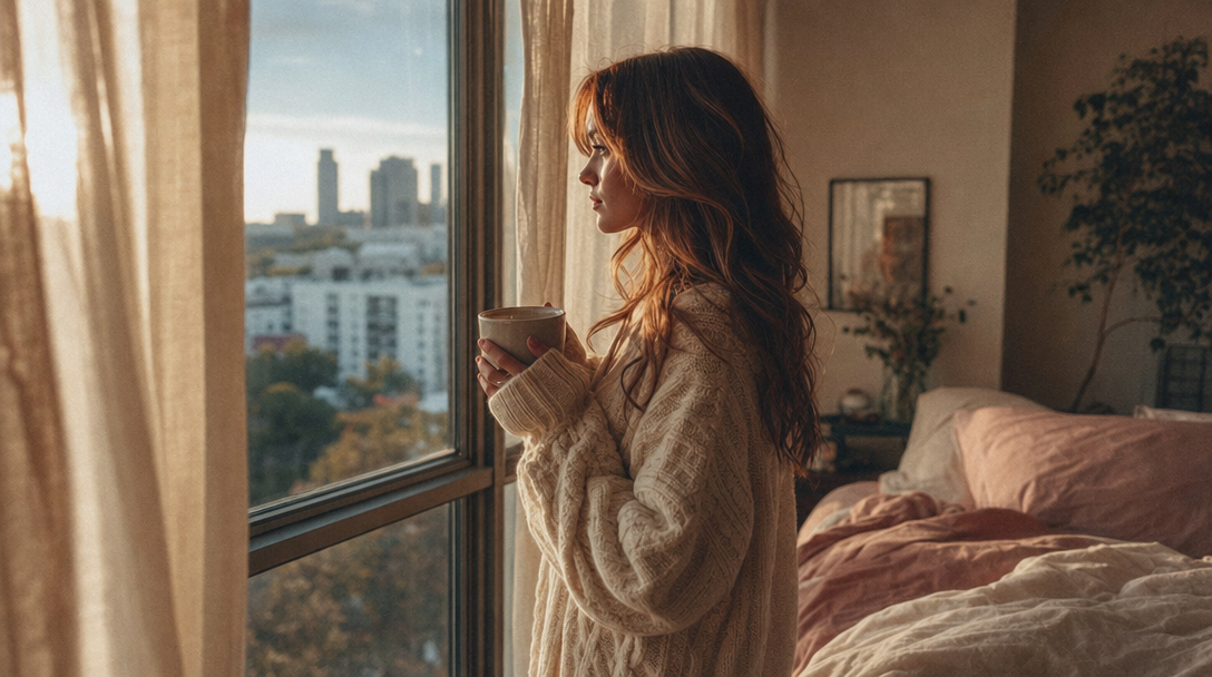 Lacey at her studio in October 2025, looking out the window